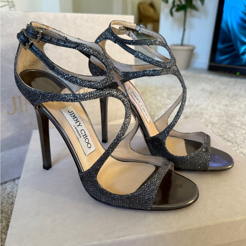 Jimmy Choo Lang Glitter Sandals Strappy Stiletto Heels Size 7.5